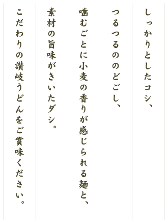 しっかりとしたコシ、つるつるののどごし、噛むごとに小麦の香りが感じられる麺と、素材の旨味がきいたダシ。こだわりの讃岐うどんをご賞味ください。